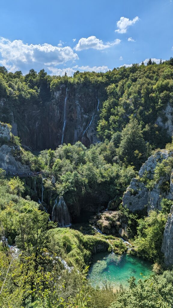 A view of Veliki Slap waterfall at Plitvice Lakes National Parks, known as "the postcard shot"