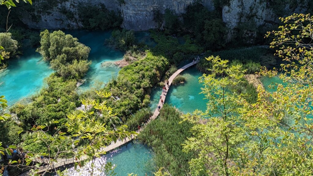 Overhead shot of boardwalk near Entrance 1 of Plitvice Lakes National Park