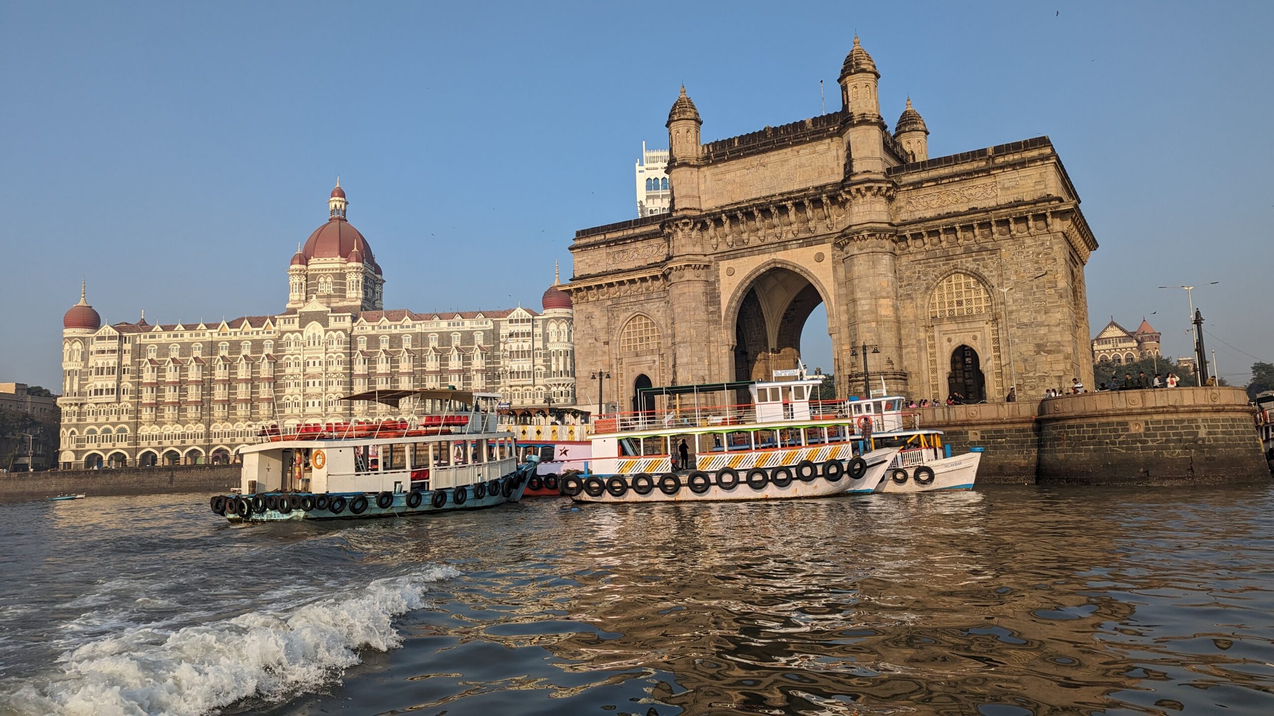 Taj Mahal Palace hotel and the Gateway of India as viewed from the Arabian Sea, two top things to do in Mumbai