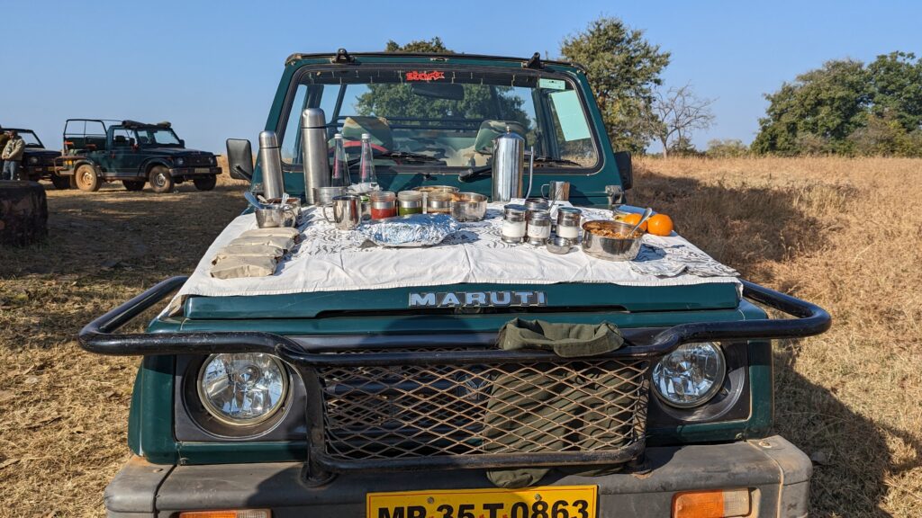 Breakfast on safari vehicle while on tiger safari at Panna National Park