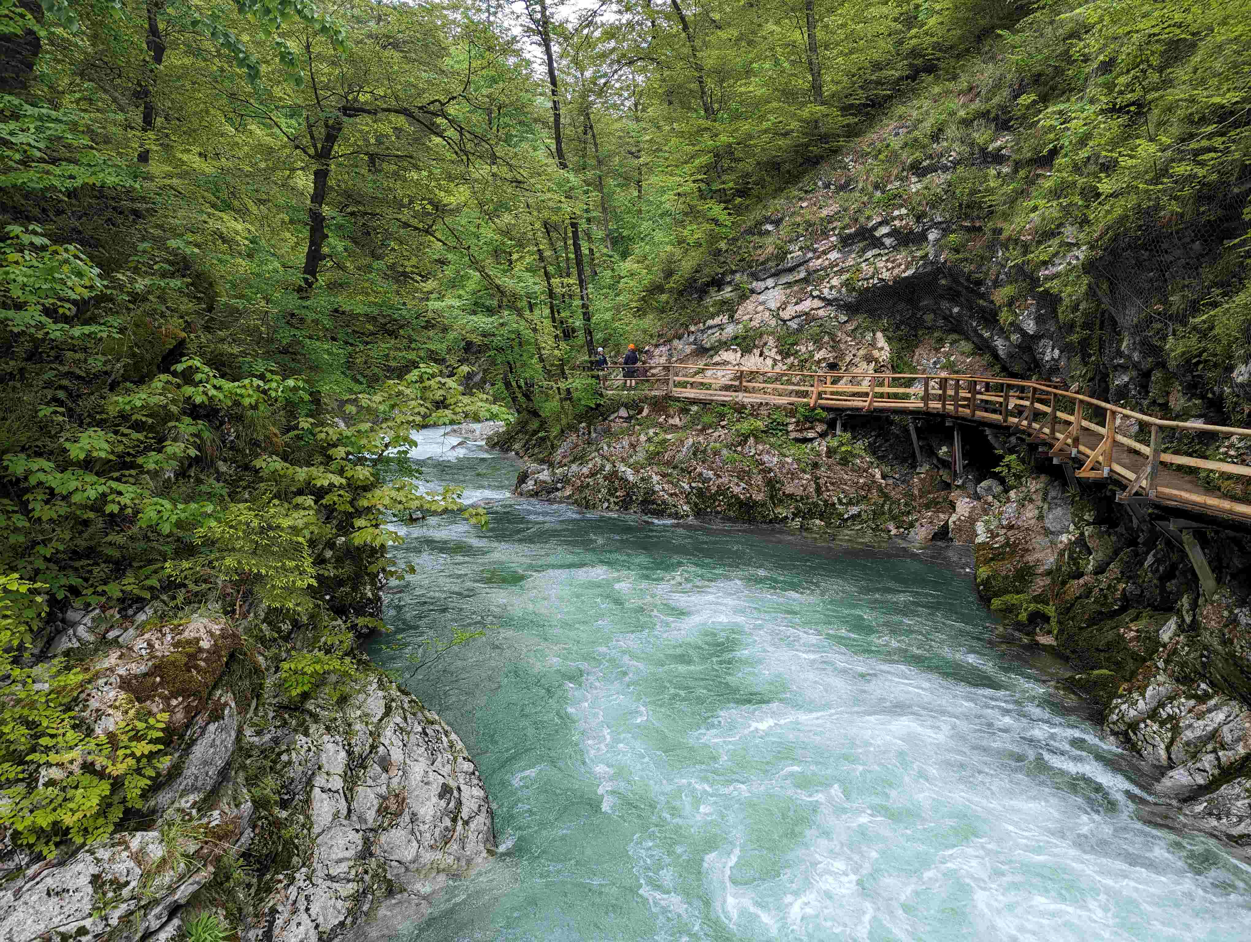 A scenic view of Vintgar Gorge near Lake Bled, Slovenia, showcasing a turquoise river flowing between steep, forested cliffs. A wooden boardwalk clings to the rocky edge, allowing visitors to explore the lush greenery and crystal-clear waters of this natural wonder.