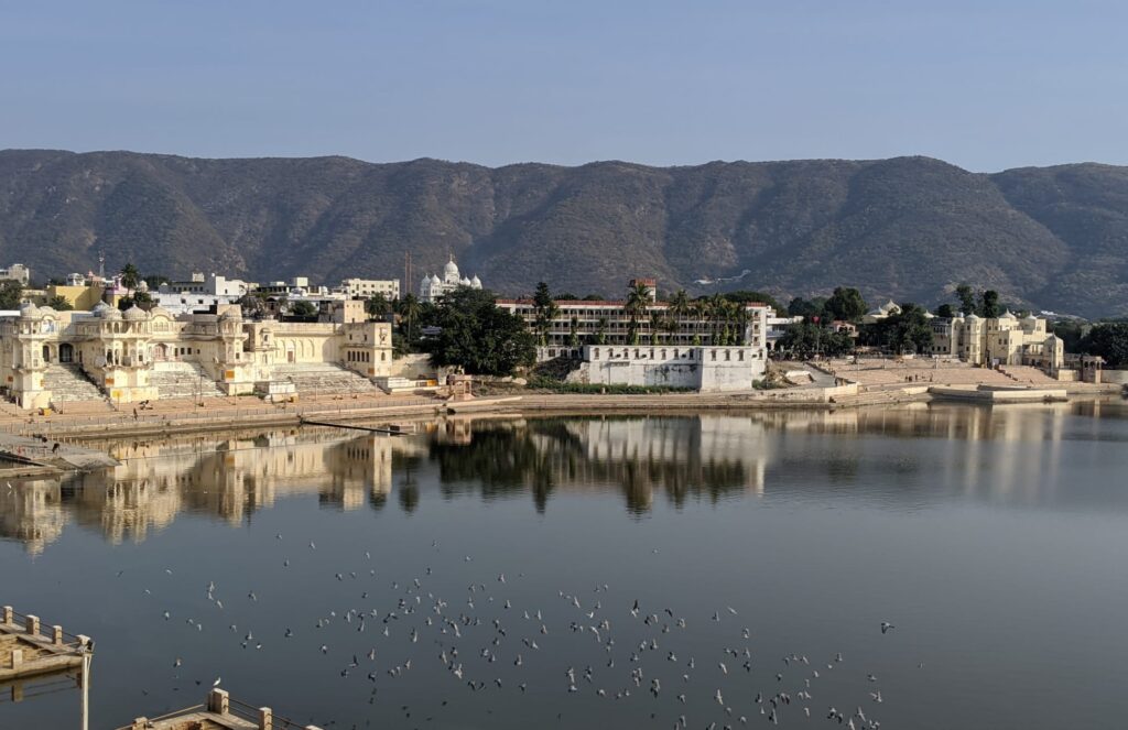 View of Pushkar Lake from a rooftop cafe, a top thing to do in Pushkar