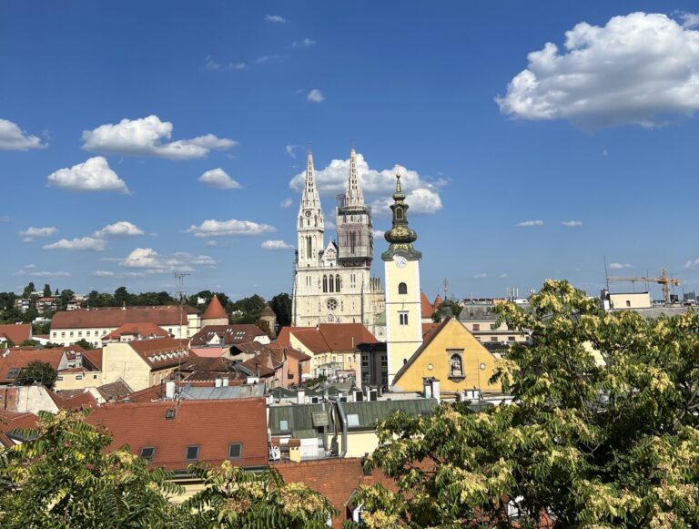 Panoramic Viewpoint of Upper Town Zagreb overlooking Zagreb Cathedral.