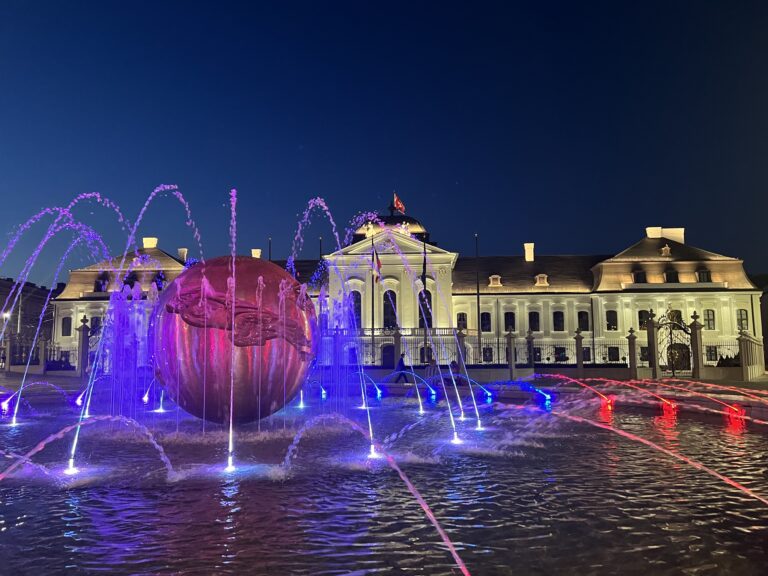 Presidential Palace lit up at night in Bratislava. One of the sights that make Bratislava worth visiting.