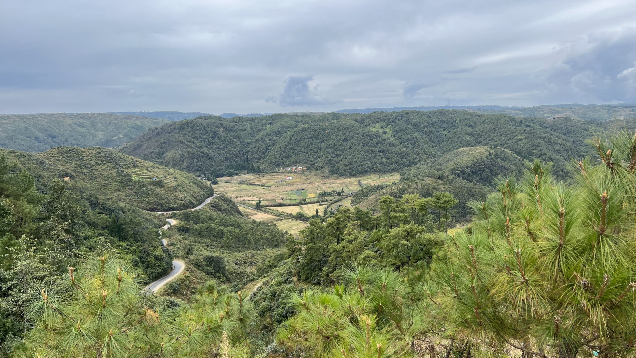 View of Meghalaya with gray skies and rolling green hills with fields and forests from the David Scott Trail in Meghalaya