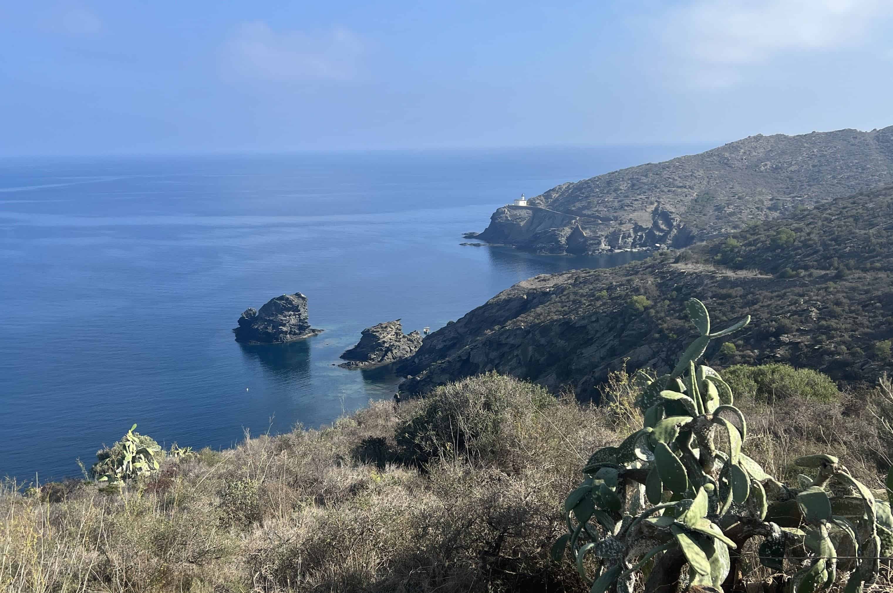 View of the rugged coastline of Cap de Creus National Park with the cliffside on the right and the sea on the left.