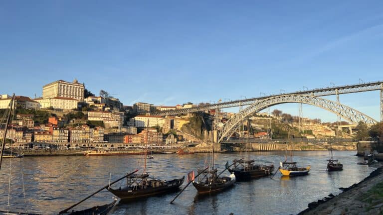 View from the Gaia side of the Douro River with the Rabelo boats in view.