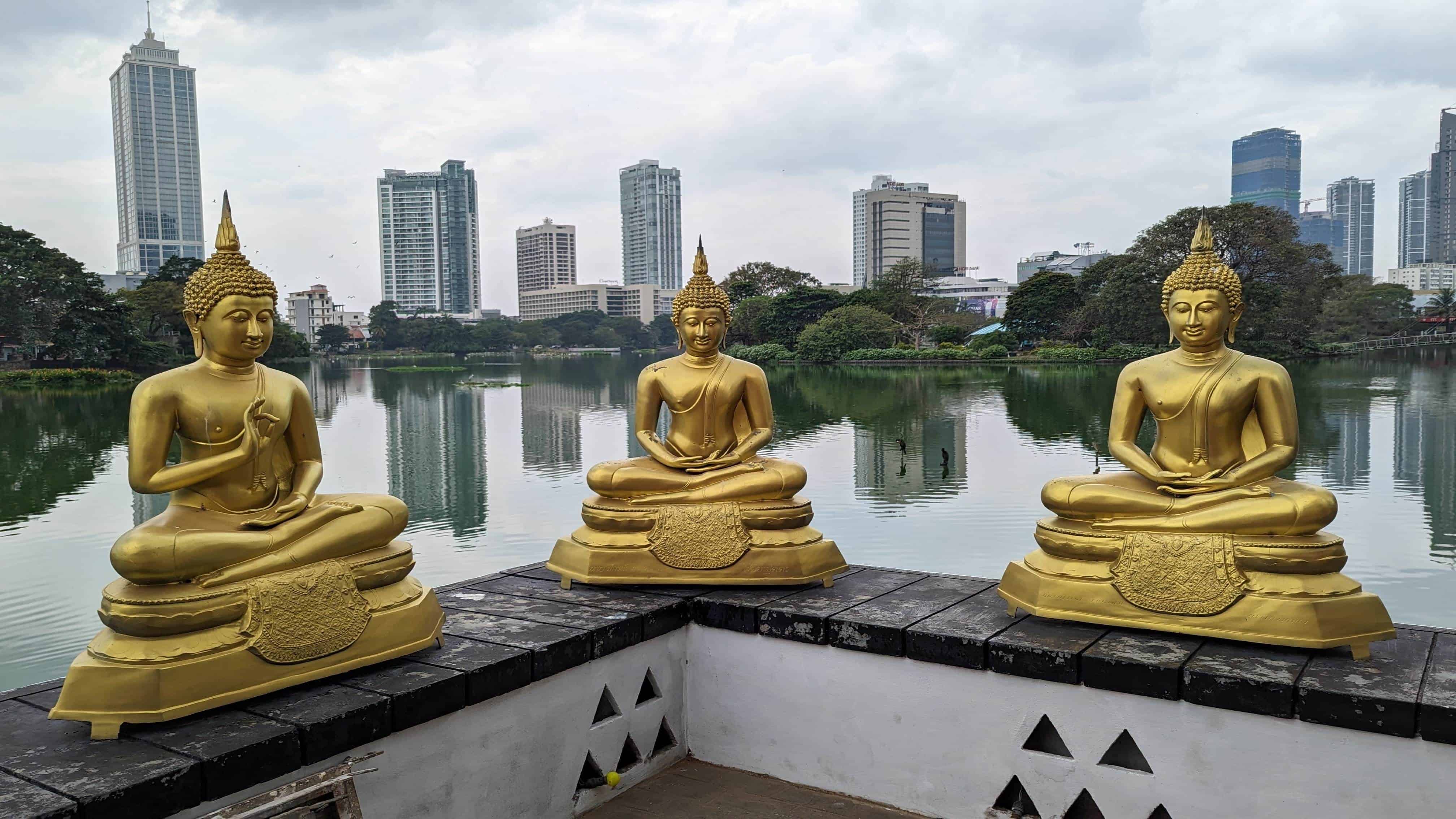 Three golden Buddha statues in seated meditation poses overlooking the serene lake at Gangaramaya Temple in Colombo, Sri Lanka. Modern skyscrapers rise in the background, contrasting with the traditional Buddhist sculptures, creating an interesting blend of spirituality and urban landscape.