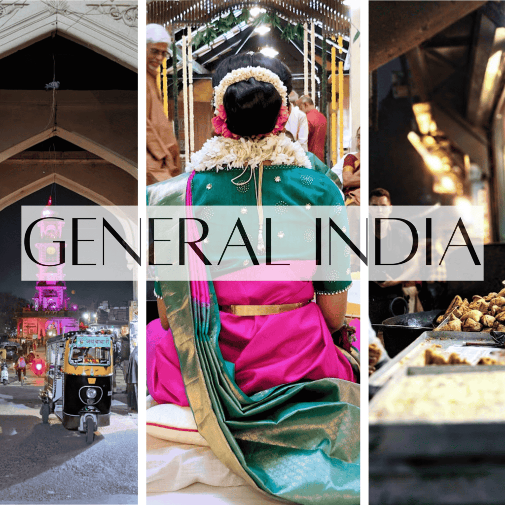 A collage with text overlay reading 'GENERAL INDIA' showing three scenes - a nighttime street with an auto-rickshaw and illuminated buildings, a girl wearing traditional Indian attire in bright pink and emerald green silk with gold borders and floral hair decorations, and a street food stall.