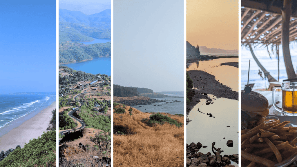 Collage of 5 pictures showcasing Goa: pristine sandy beach with waves, aerial view of winding roads and lakes amid hills, rocky coastline with golden grass, serene river at sunset, and a beachside meal with a burger and beer.