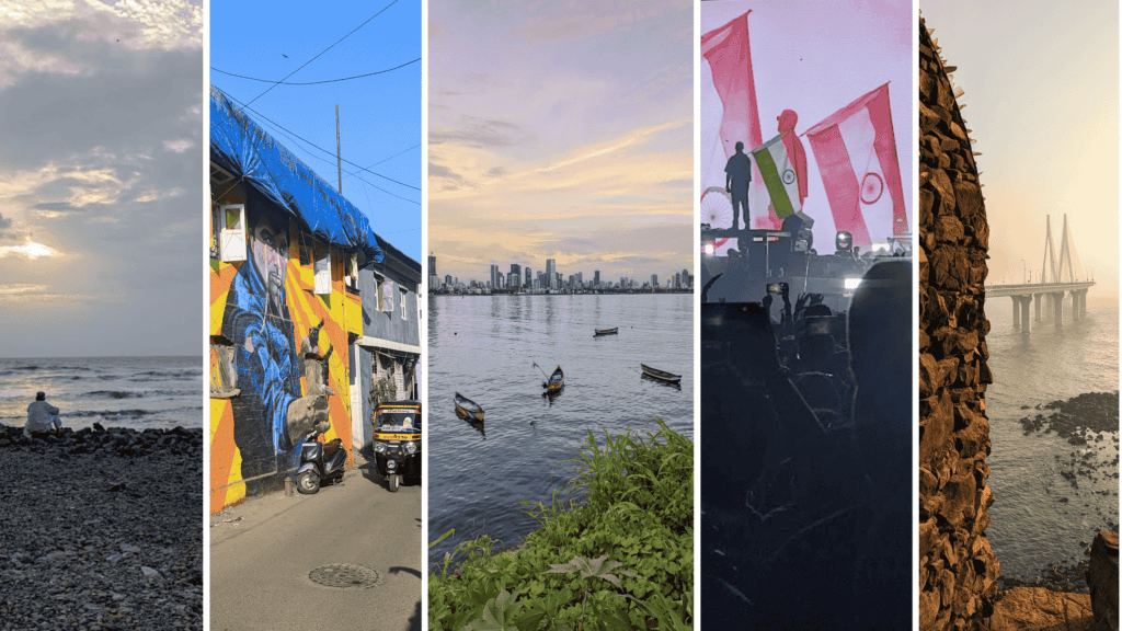 Collage showcasing Mumbai: a serene seaside sunset, colorful street art, boats on the calm waterfront with a skyline backdrop, a movie scene with flags, and the iconic Bandra-Worli Sea Link framed by rocks.