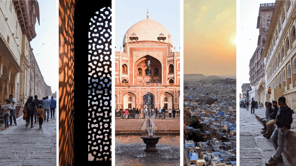 Collage showcasing North India's architectural and cultural beauty: (1) A bustling walkway outside a grand fort with intricate carvings, (2) Sunlight filtering through a traditional jali (lattice screen) casting beautiful shadows, (3) Humayun's Tomb in Delhi with its iconic Mughal architecture and a foreground fountain, (4) The Blue City of Jodhpur at sunset, with rows of blue-painted houses, and (5) Visitors resting along a historical fort's corridor.