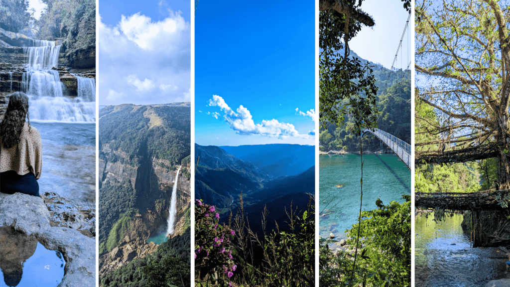 Collage highlighting the natural wonders of Northeast India: (1) A serene moment with a woman sitting by cascading waterfalls, surrounded by lush greenery, (2) A dramatic view of a towering waterfall plunging into a deep valley, (3) Scenic rolling hills under a bright blue sky dotted with fluffy clouds, (4) A suspension bridge over crystal-clear emerald waters, framed by dense foliage, and (5) A double-decker living root bridge in a tranquil forest setting.