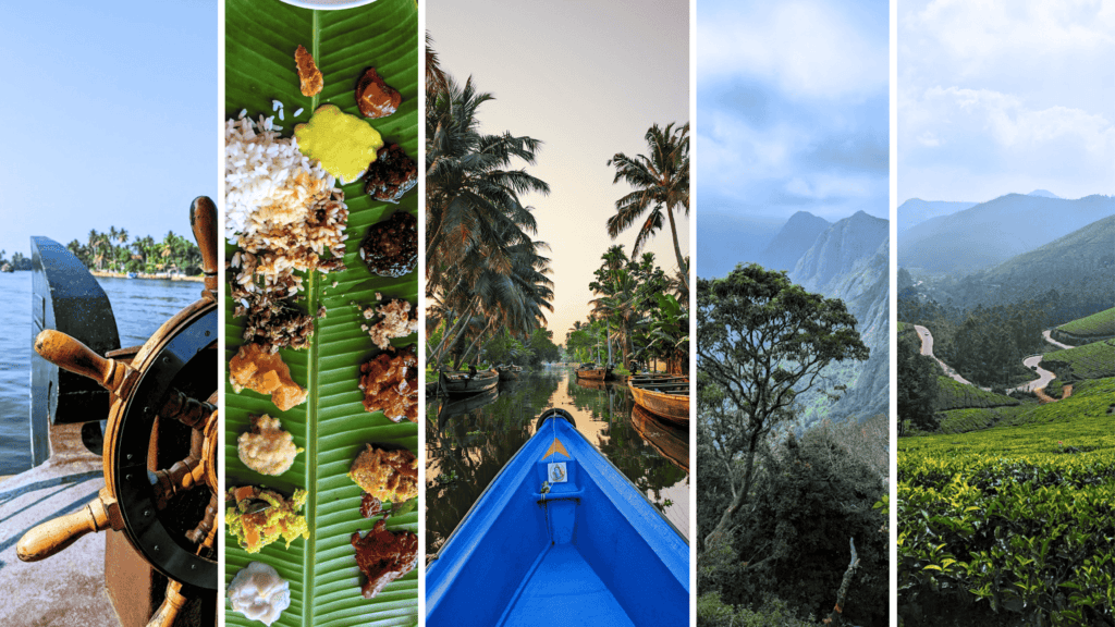 Collage showcasing the essence of South India: (1) A traditional houseboat steering wheel with serene backwaters and palm trees in the background, (2) A vibrant South Indian banana leaf meal featuring an assortment of dishes and rice, (3) A tranquil canal lined with coconut palms and moored boats, viewed from a blue canoe, (4) Misty hills with dense greenery and trees, creating a dreamy atmosphere, and (5) Rolling tea plantations with neatly trimmed bushes and winding paths under a soft, cloudy sky.