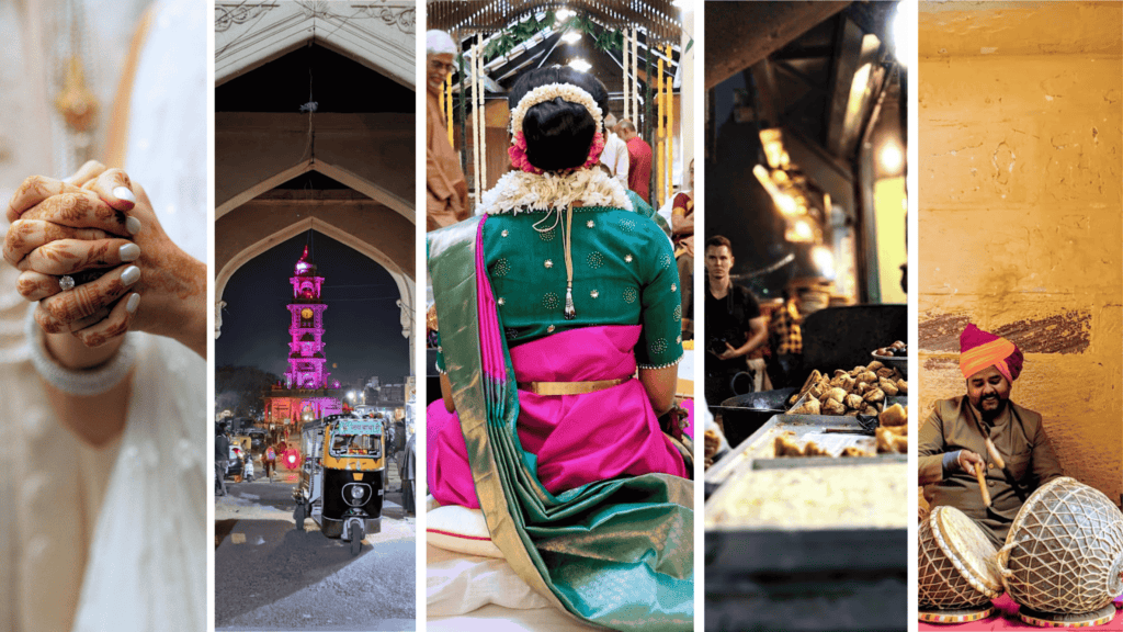 A collage of five images showcasing different aspects of Indian culture and life: On the far left, hands adorned with henna and a wedding ring in prayer or contemplation; second, a night scene with an illuminated pink clock tower and an auto-rickshaw on the street; center, the back view of a woman wearing a traditional green and pink silk saree with flower decorations in her hair; fourth, a street food stall; and finally, a musician sitting cross-legged with traditional percussion instruments wearing a pink turban against a yellow wall.