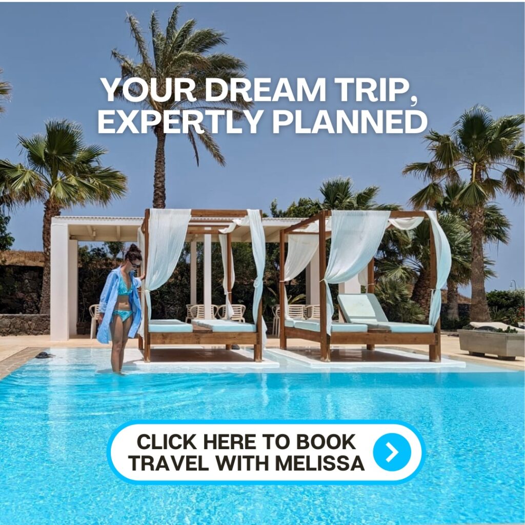 A luxurious poolside setting with a woman in a blue swimsuit and cover-up stepping into a crystal-clear swimming pool. Behind her, elegant wooden cabanas draped with white curtains are set against a backdrop of palm trees and a bright blue sky. Bold white text reads, "Your Dream Trip, Expertly Planned," with a call-to-action button below stating, "Click Here to Book Travel with Melissa."